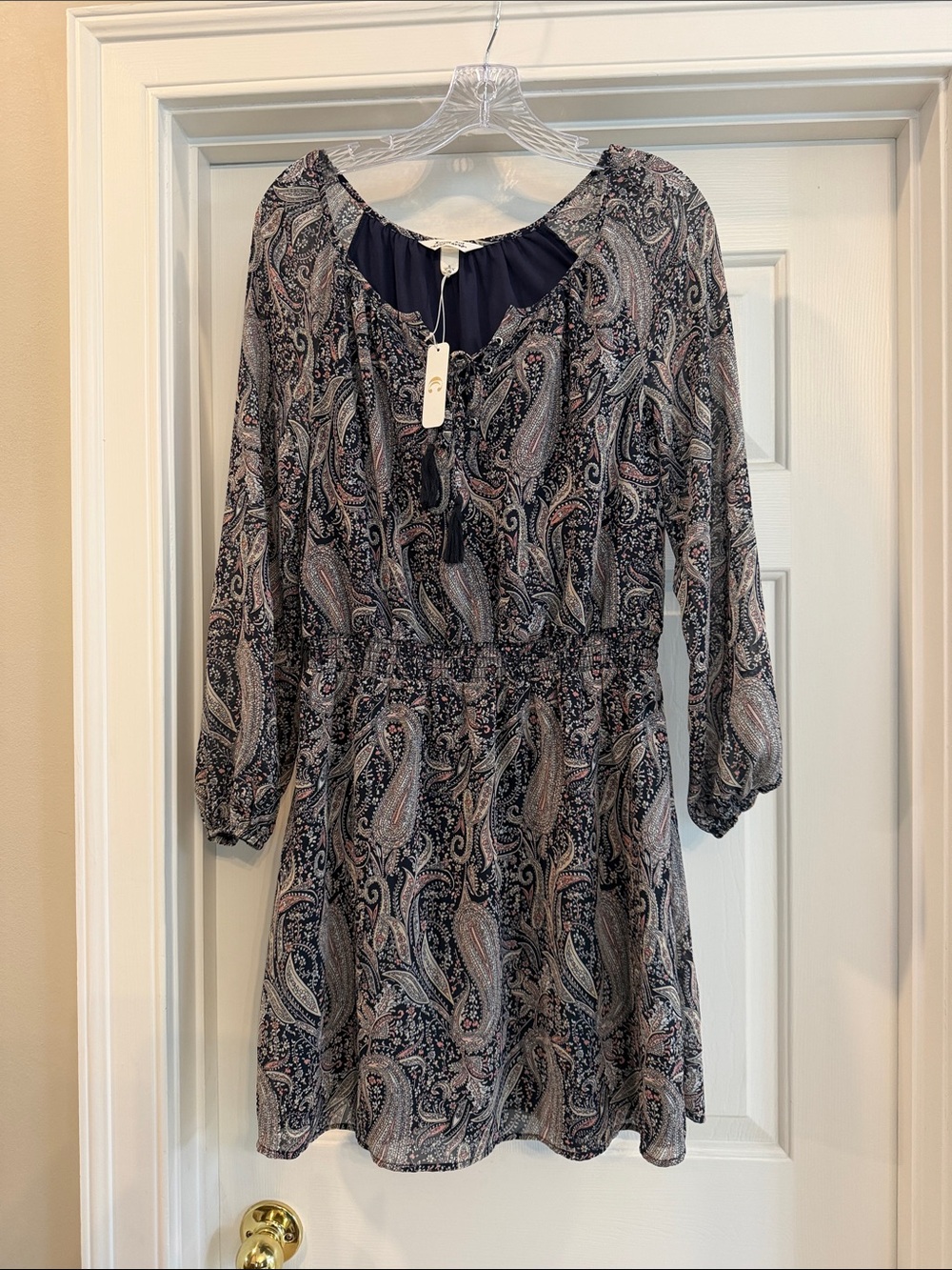 Paisley Print Long-Sleeve Peasant Dress in Navy
